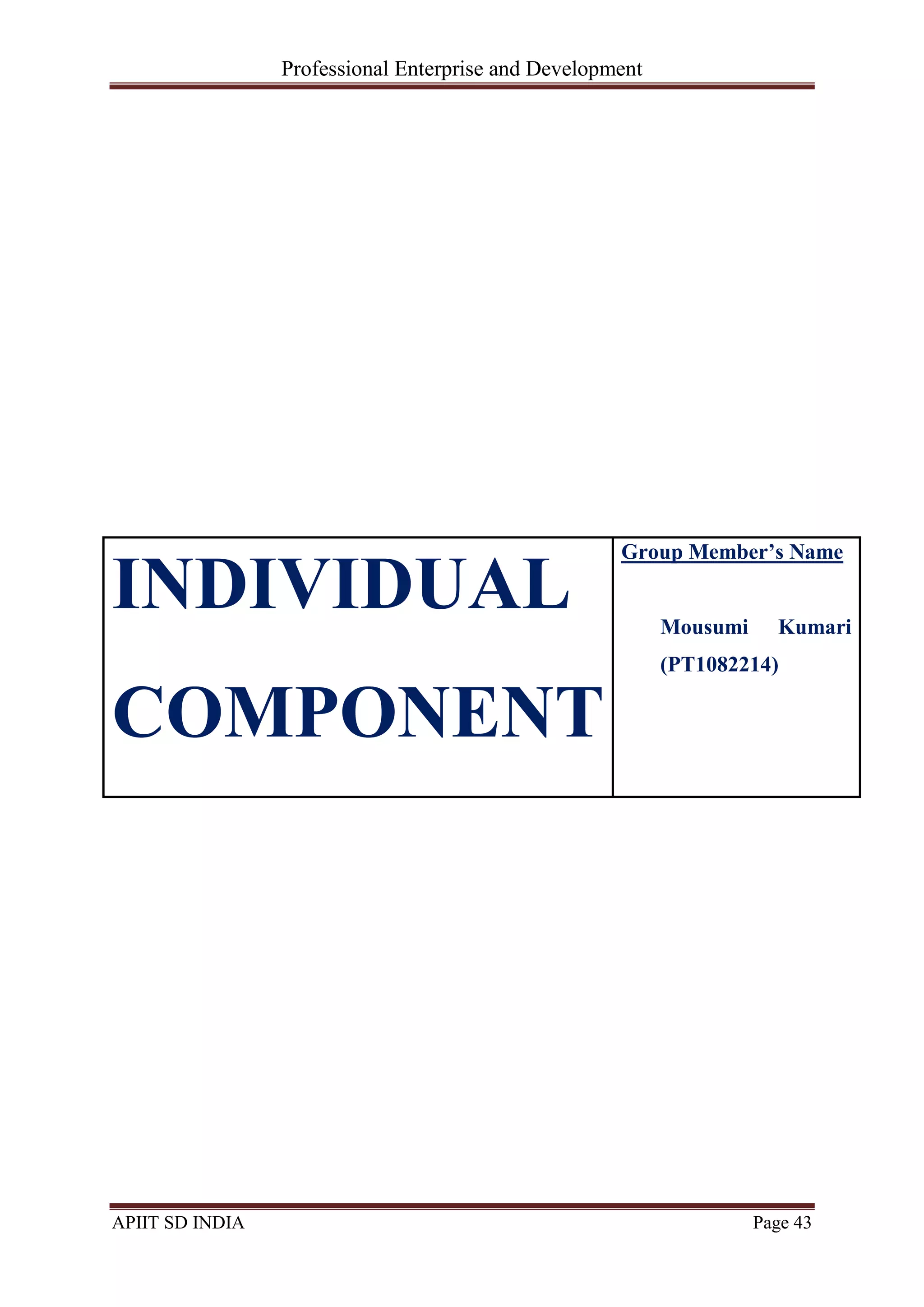 Professional Enterprise and Development
APIIT SD INDIA Page 43
INDIVIDUAL
COMPONENT
Group Member’s Name
Mousumi Kumari
(PT1082214)
 