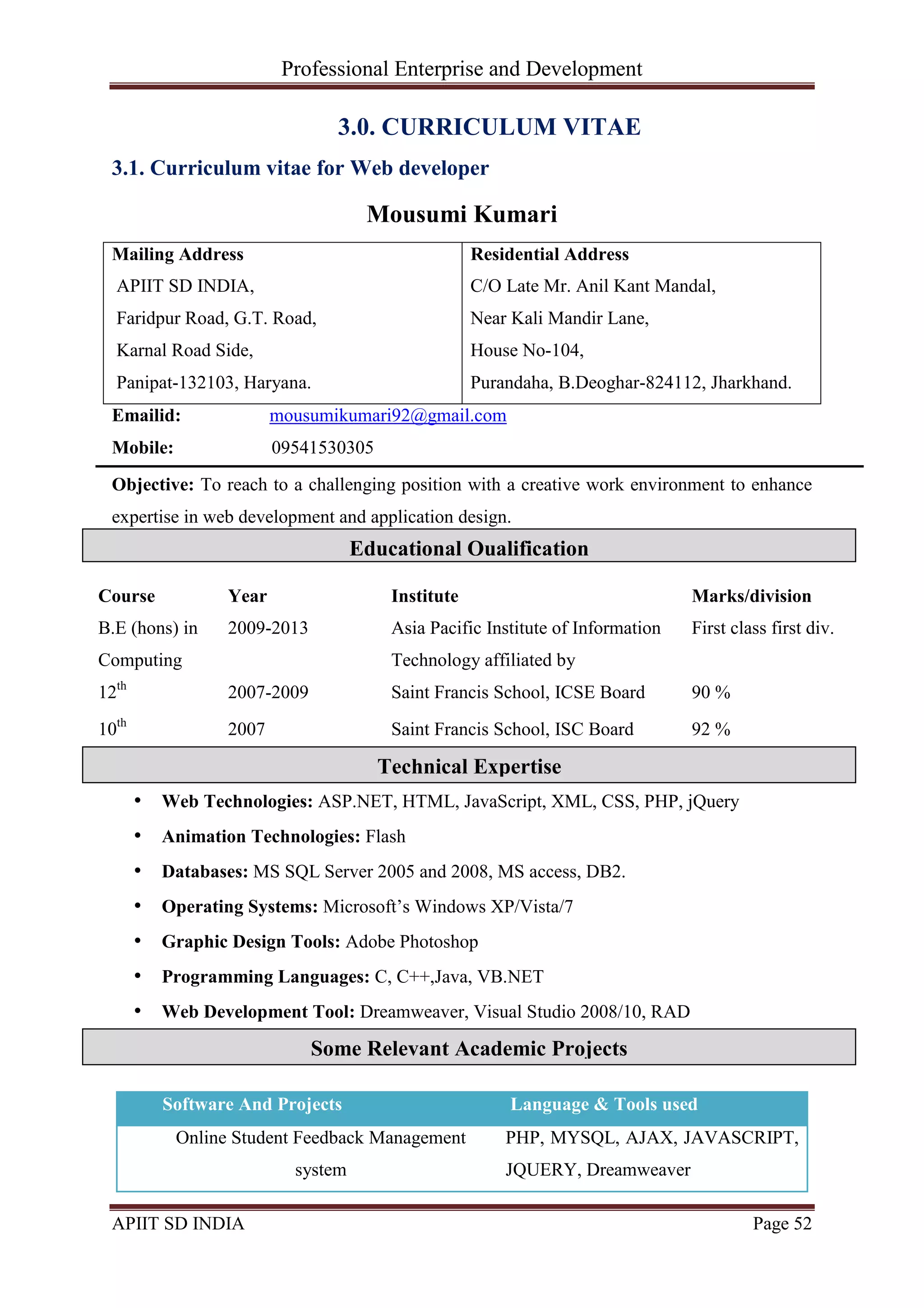 Professional Enterprise and Development
APIIT SD INDIA Page 52
3.0. CURRICULUM VITAE
3.1. Curriculum vitae for Web developer
Mousumi Kumari
Mailing Address
APIIT SD INDIA,
Faridpur Road, G.T. Road,
Karnal Road Side,
Panipat-132103, Haryana.
Residential Address
C/O Late Mr. Anil Kant Mandal,
Near Kali Mandir Lane,
House No-104,
Purandaha, B.Deoghar-824112, Jharkhand.
Emailid: mousumikumari92@gmail.com
Mobile: 09541530305
Objective: To reach to a challenging position with a creative work environment to enhance
expertise in web development and application design.
Course Year Institute Marks/division
B.E (hons) in
Computing
2009-2013 Asia Pacific Institute of Information
Technology affiliated by
First class first div.
12th
2007-2009 Saint Francis School, ICSE Board 90 %
10th
2007 Saint Francis School, ISC Board 92 %
• Web Technologies: ASP.NET, HTML, JavaScript, XML, CSS, PHP, jQuery
• Animation Technologies: Flash
• Databases: MS SQL Server 2005 and 2008, MS access, DB2.
• Operating Systems: Microsoft‘s Windows XP/Vista/7
• Graphic Design Tools: Adobe Photoshop
• Programming Languages: C, C++,Java, VB.NET
• Web Development Tool: Dreamweaver, Visual Studio 2008/10, RAD
Software And Projects Language & Tools used
Online Student Feedback Management
system
PHP, MYSQL, AJAX, JAVASCRIPT,
JQUERY, Dreamweaver
Educational Qualification
Technical Expertise
Some Relevant Academic Projects
 