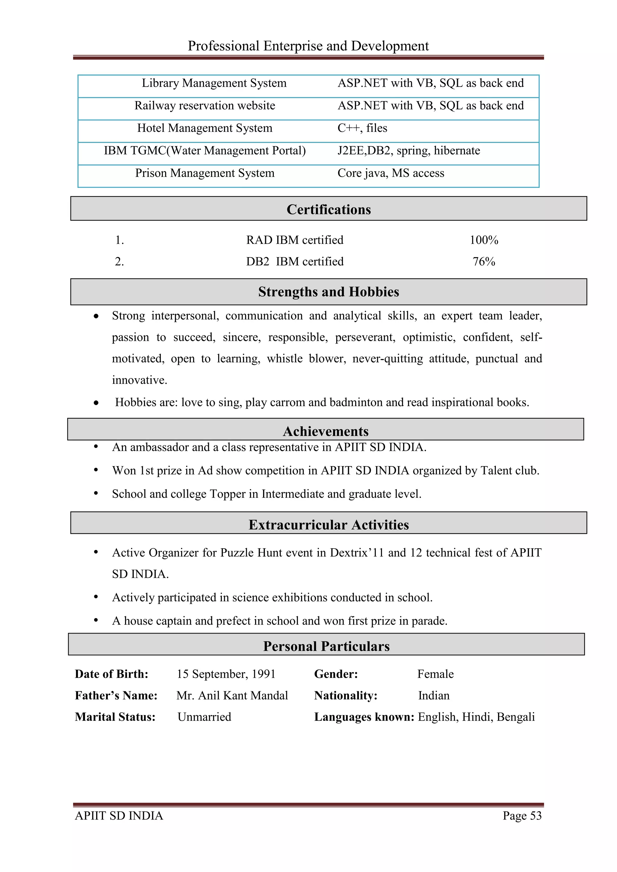 Professional Enterprise and Development
APIIT SD INDIA Page 53
Library Management System ASP.NET with VB, SQL as back end
Railway reservation website ASP.NET with VB, SQL as back end
Hotel Management System C++, files
IBM TGMC(Water Management Portal) J2EE,DB2, spring, hibernate
Prison Management System Core java, MS access
1. RAD IBM certified 100%
2. DB2 IBM certified 76%
Strong interpersonal, communication and analytical skills, an expert team leader,
passion to succeed, sincere, responsible, perseverant, optimistic, confident, self-
motivated, open to learning, whistle blower, never-quitting attitude, punctual and
innovative.
Hobbies are: love to sing, play carrom and badminton and read inspirational books.
Had been an ambassador and class representative in APIIT SD INDIA.
• An ambassador and a class representative in APIIT SD INDIA.
• Won 1st prize in Ad show competition in APIIT SD INDIA organized by Talent club.
• School and college Topper in Intermediate and graduate level.
• Active Organizer for Puzzle Hunt event in Dextrix‘11 and 12 technical fest of APIIT
SD INDIA.
• Actively participated in science exhibitions conducted in school.
• A house captain and prefect in school and won first prize in parade.
Date of Birth: 15 September, 1991
Father’s Name: Mr. Anil Kant Mandal
Marital Status: Unmarried
Gender: Female
Nationality: Indian
Languages known: English, Hindi, Bengali
Personal Particulars
Achievements
Extracurricular Activities
Strengths and Hobbies
Certifications
 