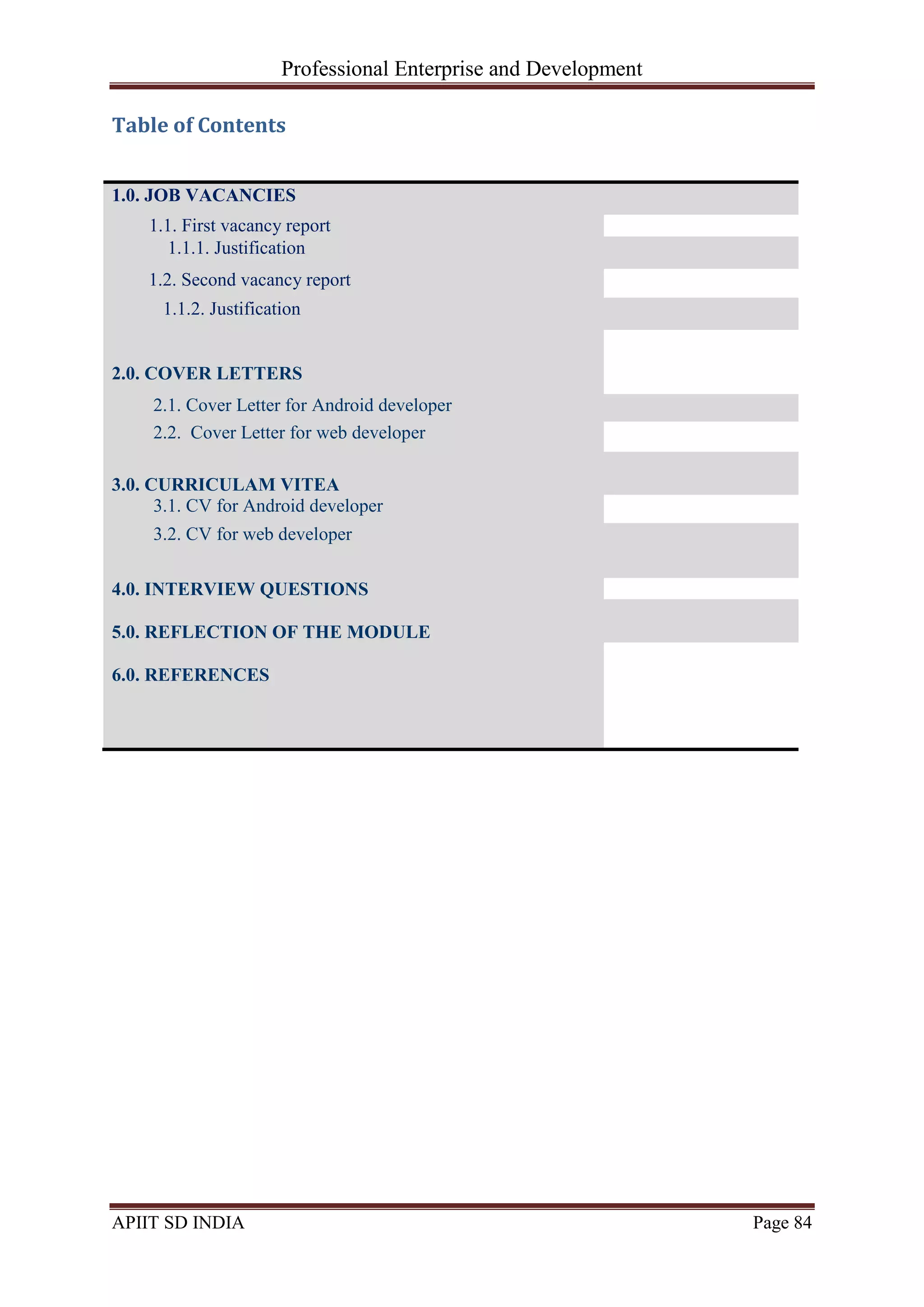 Professional Enterprise and Development
APIIT SD INDIA Page 84
Table of Contents
1.0. JOB VACANCIES
1.1. First vacancy report
1.1.1. Justification
1.2. Second vacancy report
1.1.2. Justification
2.0. COVER LETTERS
2.1. Cover Letter for Android developer
2.2. Cover Letter for web developer
3.0. CURRICULAM VITEA
3.1. CV for Android developer
3.2. CV for web developer
4.0. INTERVIEW QUESTIONS
5.0. REFLECTION OF THE MODULE
6.0. REFERENCES
 