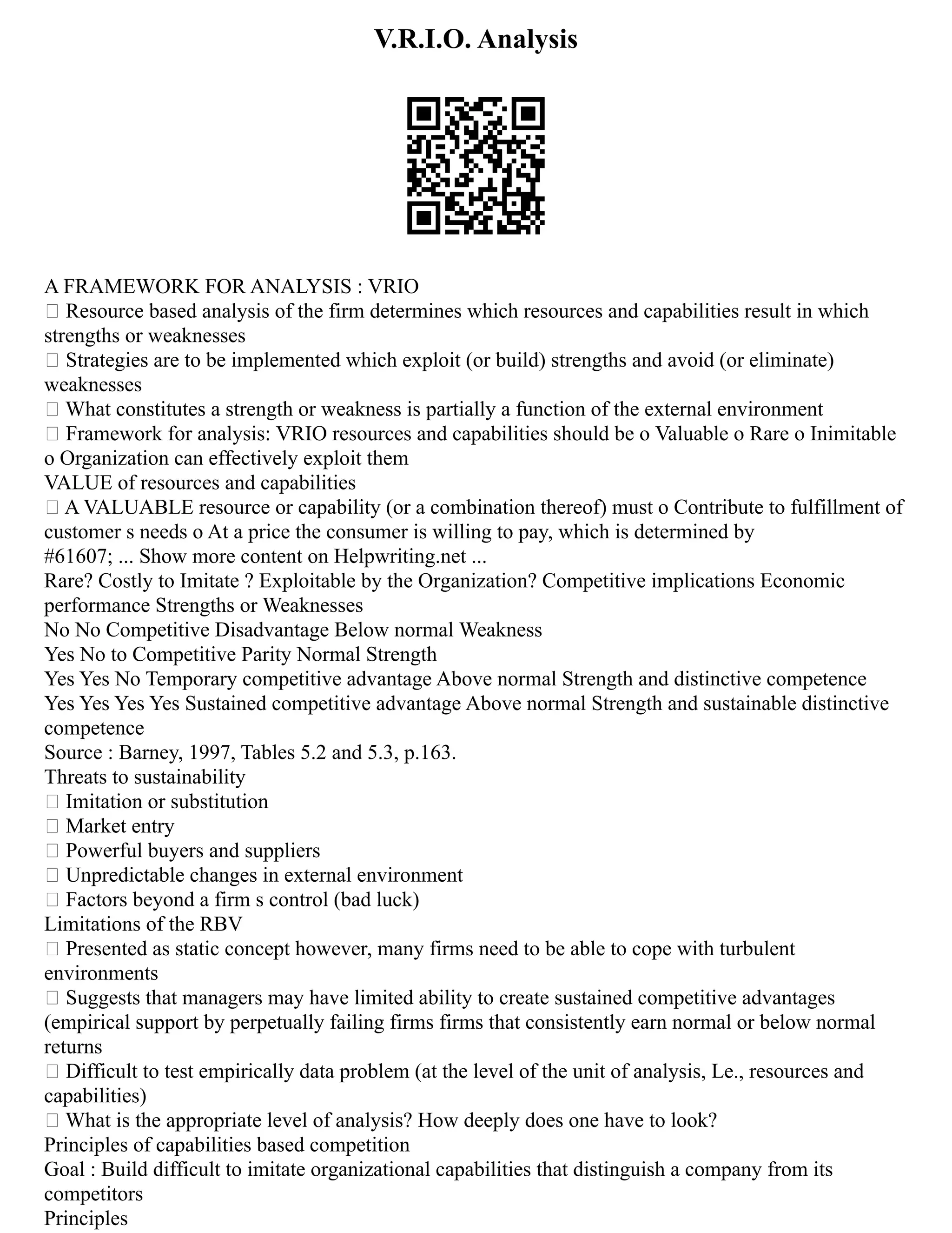 V.R.I.O. Analysis
A FRAMEWORK FOR ANALYSIS : VRIO
• Resource based analysis of the firm determines which resources and capabilities result in which
strengths or weaknesses
• Strategies are to be implemented which exploit (or build) strengths and avoid (or eliminate)
weaknesses
• What constitutes a strength or weakness is partially a function of the external environment
• Framework for analysis: VRIO resources and capabilities should be o Valuable o Rare o Inimitable
o Organization can effectively exploit them
VALUE of resources and capabilities
• A VALUABLE resource or capability (or a combination thereof) must o Contribute to fulfillment of
customer s needs o At a price the consumer is willing to pay, which is determined by
#61607; ... Show more content on Helpwriting.net ...
Rare? Costly to Imitate ? Exploitable by the Organization? Competitive implications Economic
performance Strengths or Weaknesses
No No Competitive Disadvantage Below normal Weakness
Yes No to Competitive Parity Normal Strength
Yes Yes No Temporary competitive advantage Above normal Strength and distinctive competence
Yes Yes Yes Yes Sustained competitive advantage Above normal Strength and sustainable distinctive
competence
Source : Barney, 1997, Tables 5.2 and 5.3, p.163.
Threats to sustainability
• Imitation or substitution
• Market entry
• Powerful buyers and suppliers
• Unpredictable changes in external environment
• Factors beyond a firm s control (bad luck)
Limitations of the RBV
• Presented as static concept however, many firms need to be able to cope with turbulent
environments
• Suggests that managers may have limited ability to create sustained competitive advantages
(empirical support by perpetually failing firms firms that consistently earn normal or below normal
returns
• Difficult to test empirically data problem (at the level of the unit of analysis, Le., resources and
capabilities)
• What is the appropriate level of analysis? How deeply does one have to look?
Principles of capabilities based competition
Goal : Build difficult to imitate organizational capabilities that distinguish a company from its
competitors
Principles
 