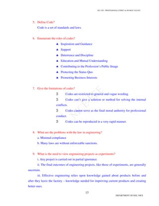 GE 1301- PROFESSIONAL ETHICS & HUMAN VALUES
13
DEPARTMENT OF EEE, NICE
5. Define Code?
Code is a set of standards and laws.
6. Enumerate the roles of codes?
♣ Inspiration and Guidance
♣ Support
♣ Deterrence and Discipline
♣ Education and Mutual Understanding
♣ Contributing to the Profession’s Public Image
♣ Protecting the Status Quo
♣ Promoting Business Interests
7. Give the limitations of codes?
ℑ Codes are restricted to general and vague wording.
ℑ Codes can’t give a solution or method for solving the internal
conflicts.
ℑ Codes cannot serve as the final moral authority for professional
conduct.
ℑ Codes can be reproduced in a very rapid manner.
8. What are the problems with the law in engineering?
a. Minimal compliance
b. Many laws are without enforceable sanctions.
9. What is the need to view engineering projects as experiments?
i. Any project is carried out in partial ignorance.
ii. The final outcomes of engineering projects, like those of experiments, are generally
uncertain.
iii. Effective engineering relies upon knowledge gained about products before and
after they leave the factory – knowledge needed for improving current products and creating
better ones.
 