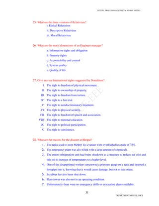 GE 1301- PROFESSIONAL ETHICS & HUMAN VALUES
31
DEPARTMENT OF EEE, NICE
25. What are the three versions of Relativism?
i. Ethical Relativism
ii. Descriptive Relativism
iii. Moral Relativism
26. What are the moral dimensions of an Engineer-manager?
a. Information rights and obligation
b. Property rights
c. Accountability and control
d. System quality
e. Quality of life
27. Give any ten International rights suggested by Donaldson?
I. The right to freedom of physical movement.
II. The right to ownership of property.
III. The right to freedom from torture.
IV. The right to a fair trial.
V. The right to nondiscriminatory treatment.
VI. The right to physical security.
VII. The right to freedom of speech and association.
VIII. The right to minimal education.
IX. The right to political participation.
X. The right to subsistence.
28. What are the reasons for the disaster at Bhopal?
1. The tanks used to store Methyl Iso-cyanate were overloaded to a tune of 75%.
2. The emergency plant was also filled with a large amount of chemicals.
3. The entire refrigeration unit had been shutdown as a measure to reduce the cost and
this led to increase of temperatures to a higher level.
4. One of the disappointed workers unscrewed a pressure gauge on a tank and inserted a
hosepipe into it, knowing that it would cause damage, but not to this extent.
5. Scrubber has also been shut down.
6. Flare tower was also not in an operating condition.
7. Unfortunately there were no emergency drills or evacuation plants available.
 