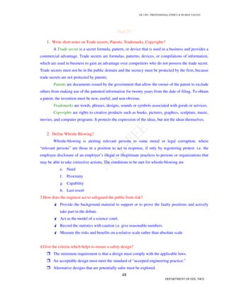 GE 1301- PROFESSIONAL ETHICS & HUMAN VALUES
48
DEPARTMENT OF EEE, NICE
1. Write short notes on Trade secrets, Patents, Trademarks, Copyrights?
A Trade secret is a secret formula, pattern, or device that is used in a business and provides a
commercial advantage. Trade secrets are formulas, patterns, devices, or compilations of information,
which are used in business to gain an advantage over competitors who do not possess the trade secret.
Trade secrets must not be in the public domain and the secrecy must be protected by the firm, because
trade secrets are not protected by patents.
Patents are documents issued by the government that allow the owner of the patent to exclude
others from making use of the patented information for twenty years from the date of filing. To obtain
a patent, the invention must be new, useful, and non-obvious.
Trademarks are words, phrases, designs, sounds or symbols associated with goods or services.
Copyrights are rights to creative products such as books, pictures, graphics, sculpture, music,
movies, and computer programs. It protects the expression of the ideas, but not the ideas themselves.
2. Define Whistle Blowing?
Whistle-blowing is alerting relevant persons to some moral or legal corruption, where
“relevant persons” are those in a position to act in response, if only by registering protest. i.e. the
employee disclosure of an employer’s illegal or illegitimate practices to persons or organizations that
may be able to take corrective actions. The conditions to be met for whistle-blowing are
e. Need
f. Proximity
g. Capability
h. Last resort
3.How does the engineer act to safeguard the public from risk?
Provide the background material to support or to prove the faulty positions and actively
take part in the debate.
Act as the model of a science court.
Record the statistics with caution i.e. give reasonable numbers.
Measure the risks and benefits on a relative scale rather than absolute scale
4.Give the criteria which helps to ensure a safety design?
The minimum requirement is that a design must comply with the applicable laws.
An acceptable design must meet the standard of “accepted engineering practice.”
Alternative designs that are potentially safer must be explored.
 
