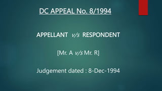 DC APPEAL No. 8/1994
APPELLANT v/s RESPONDENT
[Mr. A v/s Mr. R]
Judgement dated : 8-Dec-1994
 