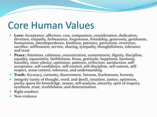 Core Human Values
 Love: Acceptance, affection, care, compassion, consideration, dedication,
devotion, empathy, forbearance, forgiveness, friendship, generosity, gentleness,
humanness, interdependence, kindness, patience, patriotism, reverence,
sacrifice, selflessness, service, sharing, sympathy, thoughtfulness, tolerance
and trust
 Peace: Attention, calmness, concentration, contentment, dignity, discipline,
equality, equanimity, faithfulness, focus, gratitude, happiness, harmony,
humility, inner silence, optimism, patience, reflection, satisfaction, self-
acceptance, self-confidence, self-control, self-discipline, self-esteem, self-
respect, sense control, tolerance, and understanding
 Truth: Accuracy, curiosity, discernment, fairness, fearlessness, honesty,
 integrity (unity of thought, word, and deed), intuition, justice, optimism,
purity, quest for knowledge, reason, self-analysis, sincerity, sprit of enquiry,
synthesis, trust, truthfulness, and determination.
 Right conduct:
 Non-violence
 