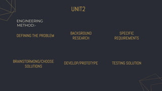 UNIT2
BACKGROUND
RESEARCH
DEFINING THE PROBLEM
SPECIFIC
REQUIREMENTS
DEVELOP/PROTOTYPE
BRAINSTORMONG/CHOOSE
SOLUTIONS
TESTING SOLUTION
ENGINEERING
METHOD:-
 