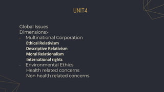 Global Issues
Dimensions:-
• Multinational Corporation
Ethical Relativism
Descriptive Relativism
Moral Relationalism
International rights
• Environmental Ethics
Health related concerns
Non health related concerns
UNIT4
 