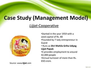 Source
Case Study (Management Model)
Lijjat-Cooperative
Source: www.lijjat.com
•Started in the year 1959 with a
seed capital of Rs. 80
•Founded by 7 lady entrepreneur in
Gujrat
• Runs as Shri Mahila Griha Udyog
Lijjat Papad.
•It provides employment to around
42,000 people
•Annual turnover of more than Rs.
650 crore.
 