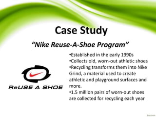 Case Study
“Nike Reuse-A-Shoe Program”
•Established in the early 1990s
•Collects old, worn-out athletic shoes
•Recycling transforms them into Nike
Grind, a material used to create
athletic and playground surfaces and
more.
•1.5 million pairs of worn-out shoes
are collected for recycling each year
 