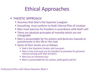 Ethical Approaches
          THEISTIC APPROACH
               Assumes that God is the Supreme Lawgiver
               Everything must conform to God’s Eternal Plan of creation
               Man must exercise his freedom in accordance with God’s will
               There are absolute principles of morality which are not
                changeable
               Man is accountable for his actions and deserves rewards or
                punishments in this life or the next
               Some of their tenets are as follows
                    God is the Supreme Creator and Law giver
                    Man is free and must use his freedom to promote his personal
                     interest among with that of others
                    Man has an immortal soul
                    Man is accountable for his actions, both good and Evil


Professional Ethics with Values Education Week 1
 