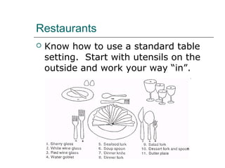 Restaurants
 Know how to use a standard table
setting. Start with utensils on the
outside and work your way “in”.
 