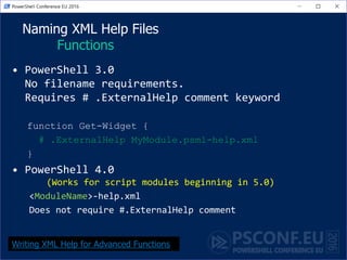 Naming XML Help Files
Functions
• PowerShell 3.0
No filename requirements.
Requires # .ExternalHelp comment keyword
function Get-Widget {
# .ExternalHelp MyModule.psm1-help.xml
}
• PowerShell 4.0
(Works for script modules beginning in 5.0)
<ModuleName>-help.xml
Does not require #.ExternalHelp comment
Writing XML Help for Advanced Functions
 