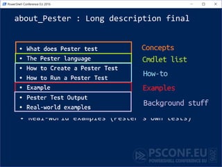 about_Pester : Long description final
• What does Pester test (concepts)
• The Pester language (basics + example)
• How to Create a Pester Test
• How to Run a Pester Test
• Example
• Pester Test Output (Write-Host v. custom
object)
• Real-world examples (Pester's own tests)
 