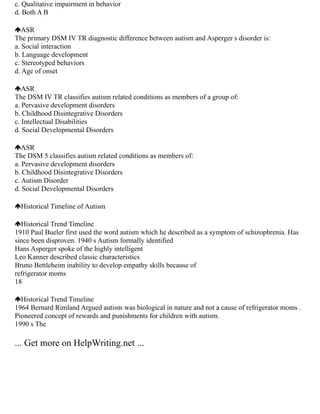 c. Qualitative impairment in behavior
d. Both A B
ASR
The primary DSM IV TR diagnostic difference between autism and Asperger s disorder is:
a. Social interaction
b. Language development
c. Stereotyped behaviors
d. Age of onset
ASR
The DSM IV TR classifies autism related conditions as members of a group of:
a. Pervasive development disorders
b. Childhood Disintegrative Disorders
c. Intellectual Disabilities
d. Social Developmental Disorders
ASR
The DSM 5 classifies autism related conditions as members of:
a. Pervasive development disorders
b. Childhood Disintegrative Disorders
c. Autism Disorder
d. Social Developmental Disorders
Historical Timeline of Autism
Historical Trend Timeline
1910 Paul Bueler first used the word autism which he described as a symptom of schizophrenia. Has
since been disproven. 1940 s Autism formally identified
Hans Asperger spoke of the highly intelligent
Leo Kanner described classic characteristics
Bruno Bettleheim inability to develop empathy skills because of
refrigerator moms
18
Historical Trend Timeline
1964 Bernard Rimland Argued autism was biological in nature and not a cause of refrigerator moms .
Pioneered concept of rewards and punishments for children with autism.
1990 s The
... Get more on HelpWriting.net ...
 