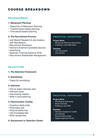 6
C O U R S E B R E A K D O W N
1. Manpower Planning
• Objectives of Manpower Planning
• Transformation based planning
• Time-period based planning
2. The Recruitment Process
• Job Market Research & Job Analysis
• Job Descriptions
• Recruitment Workﬂows
• Internal & External Candidate Sources
• Advertising
• Applicant Tracking Systems (ATS)
• Recruitment Stakeholder Management
R E C R U I T M E N T
1. The Selection Framework
2. Shortlisting
• Steps for shortlisting
3. Interview
• The six steps interview plan
• Interview types
• Interviewing mastery
• Walk-in drive planning
4. Psychometric Testing
• Cognitive ability tests
• Personality test
• Physical ability test
• Job knowledge test
• Work sample test
5. Assessment or Selection Center
S E L E C T I O N
P R A C T I C A L A D V A N T A G E
Project Work
- Manpower Planning Case Study
- Creating a Job Description
Samples
- Job Description
- Job Adverts
P R A C T I C A L A D V A N T A G E
Project Work
- Shortlisting case study
- Mock Interview
- Drafting a Job Oﬀer
Samples
- Interview Questions Toolkit
- Job Adverts
- Psychometrics tests
- Regret response format
 