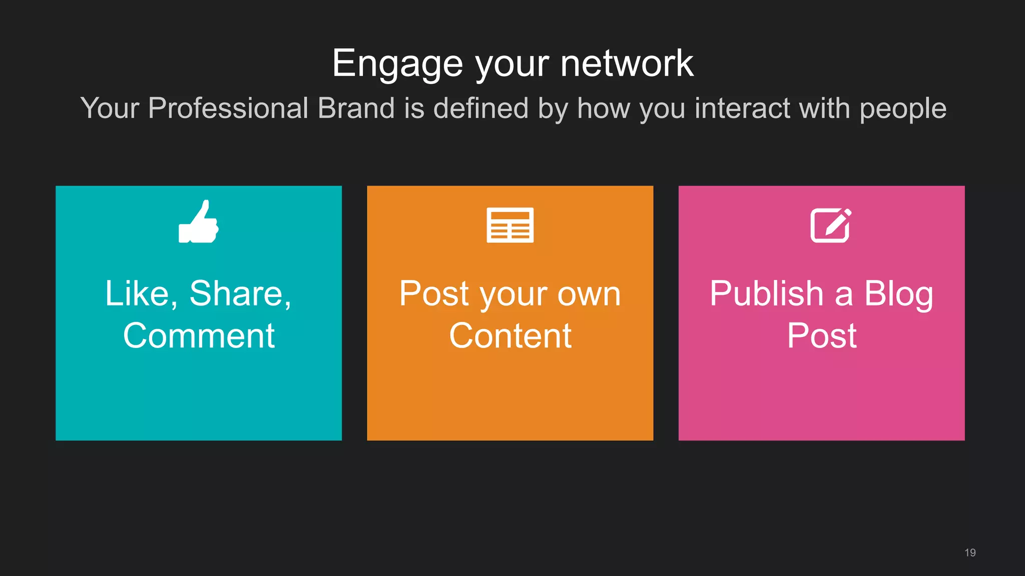 Your Professional Brand is defined by how you interact with people
19
Engage your network
Like, Share,
Comment
Post your own
Content
Publish a Blog
Post
 