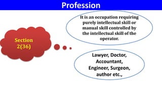 Profession
Section
2(36)
Lawyer, Doctor,
Accountant,
Engineer, Surgeon,
author etc.,
It is an occupation requiring
purely intellectual skill or
manual skill controlled by
the intellectual skill of the
operator.
 