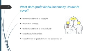 What does professional indemnity insurance
cover?
 Unintentional breach of copyright
 Defamation and libel
 Unintention...