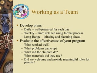 Working as a Team Develop plans Daily – well-prepared for each day Weekly – more detailed using formal process Long-Range – thinking and planning ahead Evaluate the effectiveness of your program What worked well?  What problems came up? What did the children do? What materials did they use? Did we welcome and provide meaningful roles for parents? 