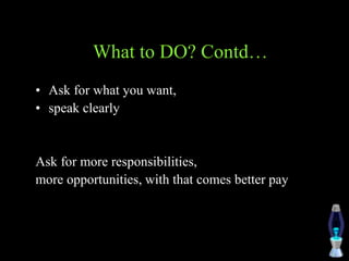 What to DO? Contd…
• Ask for what you want,
• speak clearly
Ask for more responsibilities,
more opportunities, with that comes better pay
 