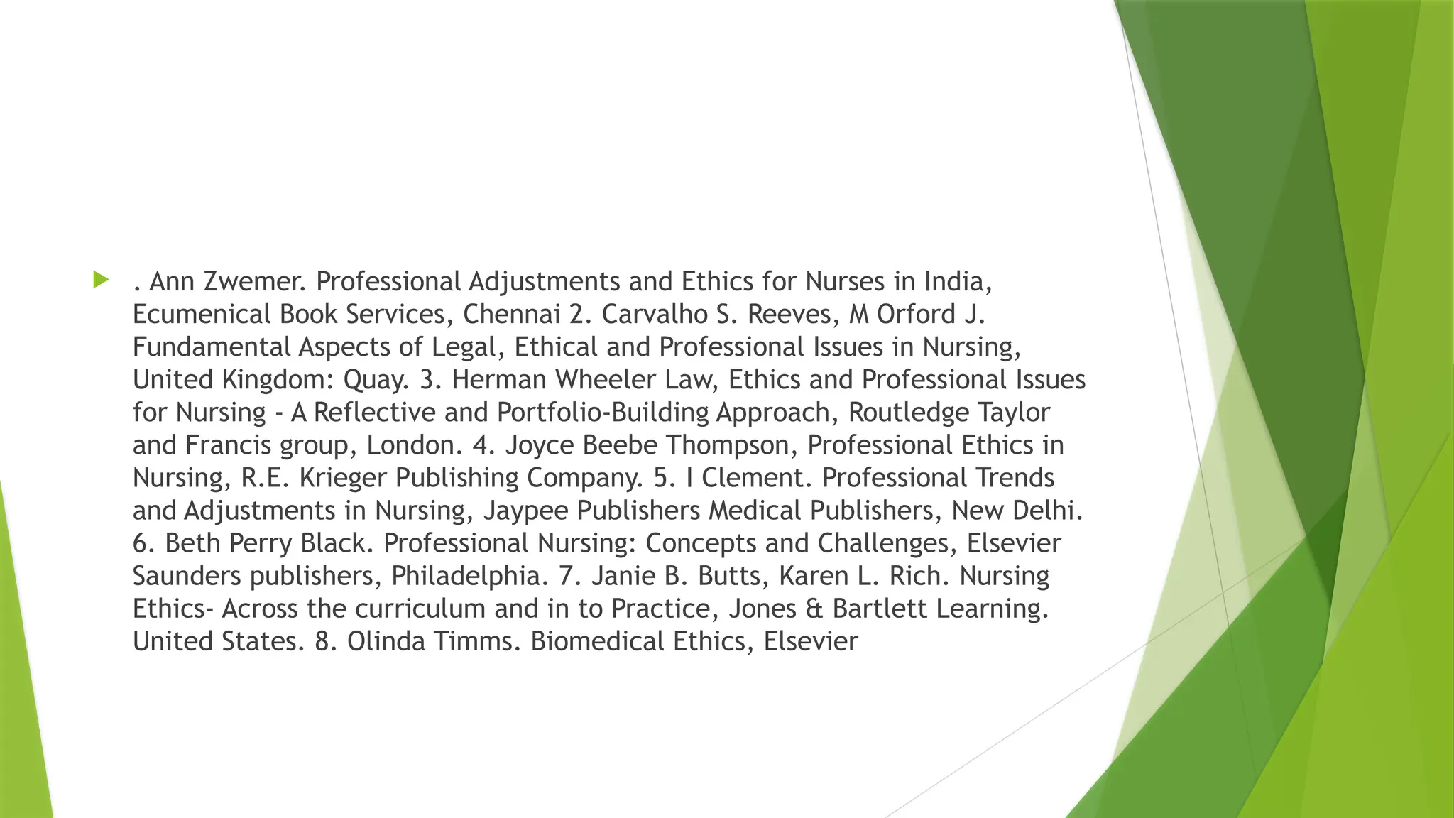  . Ann Zwemer. Professional Adjustments and Ethics for Nurses in India,
Ecumenical Book Services, Chennai 2. Carvalho S. Reeves, M Orford J.
Fundamental Aspects of Legal, Ethical and Professional Issues in Nursing,
United Kingdom: Quay. 3. Herman Wheeler Law, Ethics and Professional Issues
for Nursing - A Reflective and Portfolio-Building Approach, Routledge Taylor
and Francis group, London. 4. Joyce Beebe Thompson, Professional Ethics in
Nursing, R.E. Krieger Publishing Company. 5. I Clement. Professional Trends
and Adjustments in Nursing, Jaypee Publishers Medical Publishers, New Delhi.
6. Beth Perry Black. Professional Nursing: Concepts and Challenges, Elsevier
Saunders publishers, Philadelphia. 7. Janie B. Butts, Karen L. Rich. Nursing
Ethics- Across the curriculum and in to Practice, Jones & Bartlett Learning.
United States. 8. Olinda Timms. Biomedical Ethics, Elsevier
 