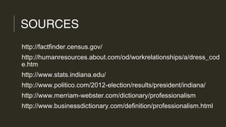 SOURCES
http://factfinder.census.gov/
http://humanresources.about.com/od/workrelationships/a/dress_cod
e.htm
http://www.stats.indiana.edu/
http://www.politico.com/2012-election/results/president/indiana/
http://www.merriam-webster.com/dictionary/professionalism
http://www.businessdictionary.com/definition/professionalism.html
 