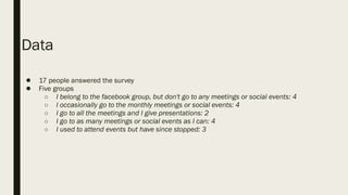 Data
● 17 people answered the survey
● Five groups
○ I belong to the facebook group, but don't go to any meetings or social events: 4
○ I occasionally go to the monthly meetings or social events: 4
○ I go to all the meetings and I give presentations: 2
○ I go to as many meetings or social events as I can: 4
○ I used to attend events but have since stopped: 3
 