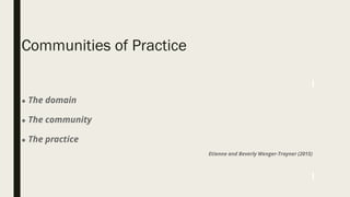 Communities of Practice
● The domain
● The community
● The practice
Etienne and Beverly Wenger-Trayner (2015)
 