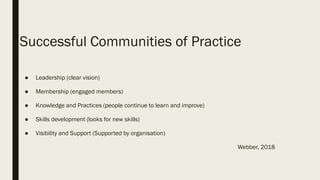 Successful Communities of Practice
● Leadership (clear vision)
● Membership (engaged members)
● Knowledge and Practices (people continue to learn and improve)
● Skills development (looks for new skills)
● Visibility and Support (Supported by organisation)
Webber, 2018
 