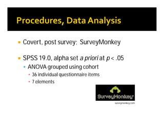  Covert, post survey; SurveyMonkey
 SPSS 19.0, alpha set a priori at p < .05
 ANOVA grouped using cohort
▪ 36 individual questionnaire items
▪ 7 elements
surveymonkey.com
 