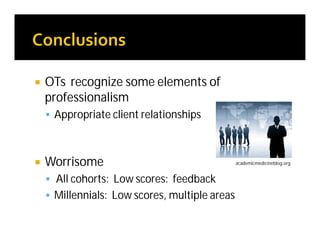  OTs recognize some elements of
professionalism
 Appropriate client relationships
 Worrisome
 All cohorts: Low scores: feedback
 Millennials: Low scores, multiple areas
academicmedicineblog.org
 