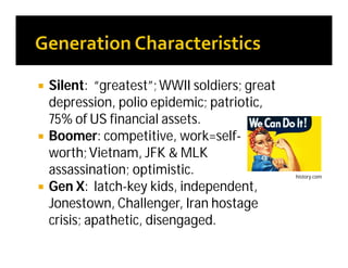  Silent: “greatest”;WWII soldiers; great
depression, polio epidemic; patriotic,
75% of US financial assets.
 Boomer: competitive, work=self-
worth;Vietnam, JFK & MLK
assassination; optimistic.
 Gen X: latch-key kids, independent,
Jonestown, Challenger, Iran hostage
crisis; apathetic, disengaged.
history.com
 