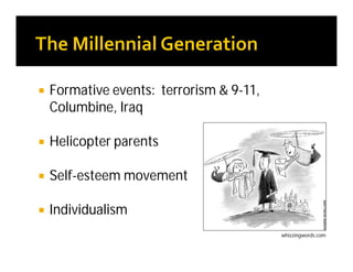  Formative events: terrorism & 9-11,
Columbine, Iraq
 Helicopter parents
 Self-esteem movement
 Individualism
whizzingwords.com
 