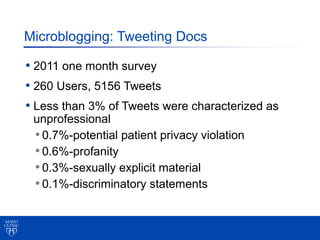 Microblogging: Tweeting Docs

• 2011 one month survey
• 260 Users, 5156 Tweets
• Less than 3% of Tweets were characterized...