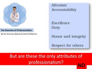 The Elements of Professionalism
By the American Board of Internal Medicine




          But are these the only attributes of
                   professionalism?
                                             NO
 