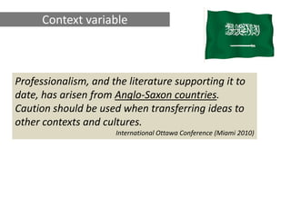 Context variable



Professionalism, and the literature supporting it to
date, has arisen from Anglo-Saxon countries.
Caution should be used when transferring ideas to
other contexts and cultures.
                      International Ottawa Conference (Miami 2010)
 