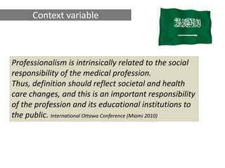 Context variable



Professionalism is intrinsically related to the social
responsibility of the medical profession.
Thus, definition should reflect societal and health
care changes, and this is an important responsibility
of the profession and its educational institutions to
the public. International Ottawa Conference (Miami 2010)
 
