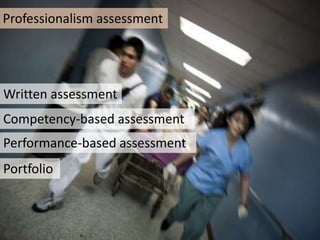 Professionalism assessment




Written assessment
Competency-based assessment
Performance-based assessment
Portfolio
 