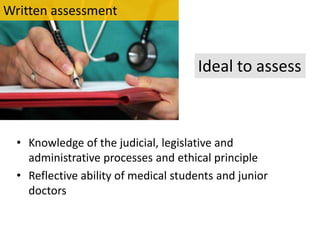 Written assessment


                                      Ideal to assess



  • Knowledge of the judicial, legislative and
    administrative processes and ethical principle
  • Reflective ability of medical students and junior
    doctors
 