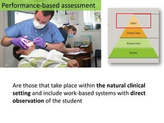 Performance-based assessment




   Are those that take place within the natural clinical
   setting and include work-based systems with direct
   observation of the student
 