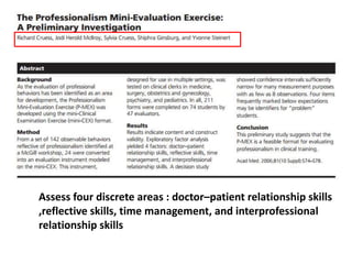 Assess four discrete areas : doctor–patient relationship skills
,reflective skills, time management, and interprofessional
relationship skills
 