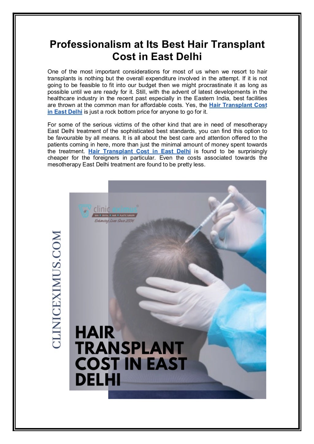 Professionalism at Its Best Hair Transplant Cost in East Delhi