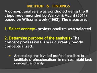 METHOD & FINDINGS
A concept analysis was conducted using the 8
steps recommended by Walker & Avant (2011)
based on Wilson’s work (1963). The steps are:
1. Select concept- professionalism was selected
2. Determine purpose of the analysis- The
concept professionalism is currently poorly
conceptualized.
 Assessing the level of professionalism to
facilitate professionalism in nurses might lack
conceptual clarity.
 