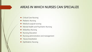 AREAS IN WHICH NURSES CAN SPECIALIZE
 Critical Care Nursing
 Pediatric Nursing
 Medical surgical nursing
 Mental Health and Psychiatric Nursing
 Midwifery Nursing
 Nursing Education
 Nursing administration and management
 Nurse Anesthetist
 Ophthalmic Nursing
 