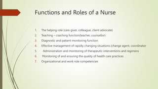 Functions and Roles of a Nurse
1. The helping role (care giver, colleague, client advocate)
2. Teaching – coaching function(teacher, counsellor)
3. Diagnostic and patient monitoring function
4. Effective management of rapidly changing situations (change agent, coordinator
5. Administration and monitoring of therapeutic interventions and regimens
6. Monitoring of and ensuring the quality of health care practices
7. Organizational and work role competencies
 