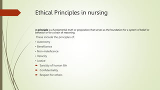 Ethical Principles in nursing
A principle is a fundamental truth or proposition that serves as the foundation for a system of belief or
behavior or for a chain of reasoning.
These include the principles of:
• Autonomy
• Beneficence
• Non-maleficence
• Veracity
• Justice
 Sanctity of human life
 Confidentiality
 Respect for others
 