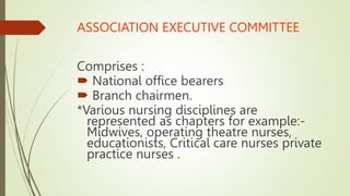 ASSOCIATION EXECUTIVE COMMITTEE
Comprises :
 National office bearers
 Branch chairmen.
*Various nursing disciplines are
represented as chapters for example:-
Midwives, operating theatre nurses,
educationists, Critical care nurses private
practice nurses .
 
