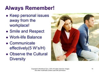 Always Remember!
 Keep personal issues
away from the
workplace!
 Smile and Respect
 Work-life Balance
 Communicate
effectively(5 W’s/H)
 Observe the Cultural
Diversity
14
Copyright © Workforce Guru, 2018. All rights reserved. Images
and other multimedia content used with permission.
 