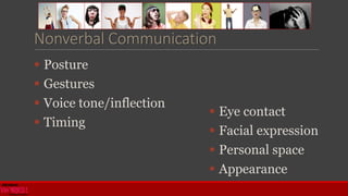 Nonverbal Communication
 Eye contact
 Facial expression
 Personal space
 Appearance
 Posture
 Gestures
 Voice tone/inflection
 Timing
 